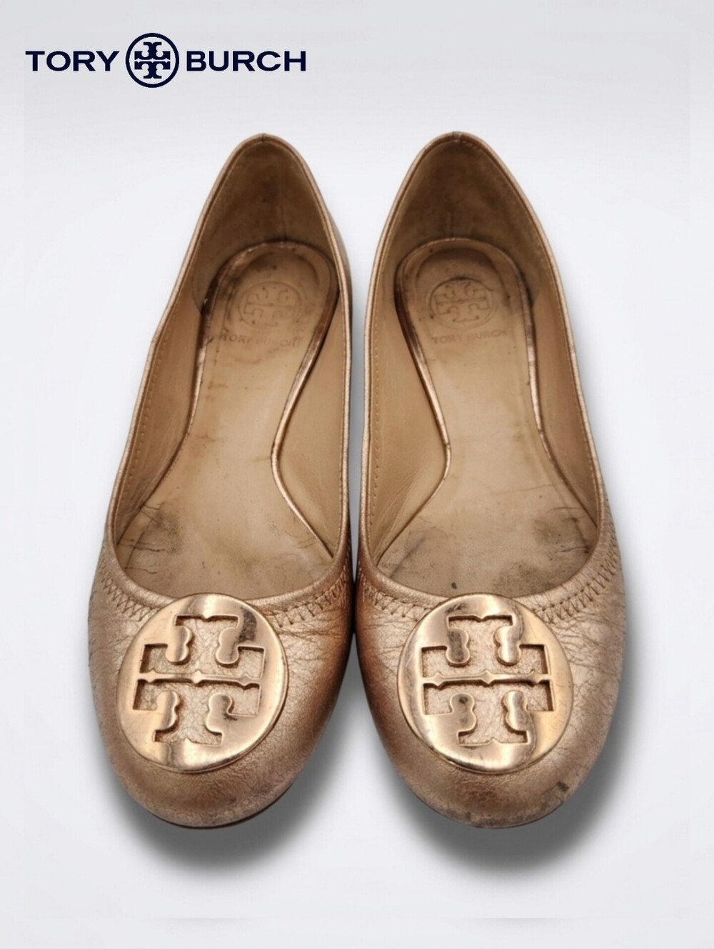 6.5/7 Tory Burch Rose Gold Metallic Leather Flats with Logo Medallion